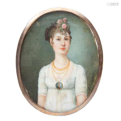 A portrait miniature of a lady in a white dress