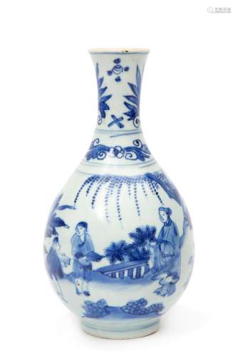 A blue & white vase with figures in a garden