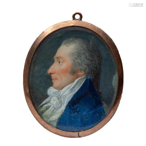 A portrait miniature of a man in a blue coat