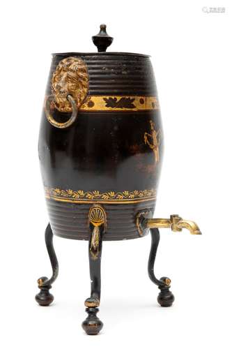 A black and gilt tole peinte barrel-shaped 