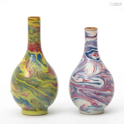 Two miniature vases with marbled fencai glaze