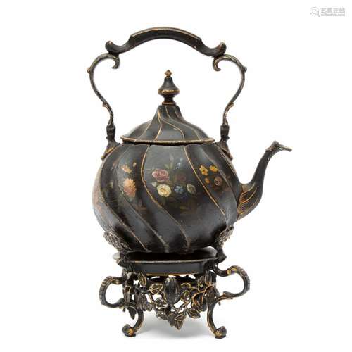 A black and gilt tole peinte bouilloire with brazier