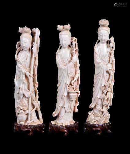 ϒ A group of three Chinese carved ivory figures