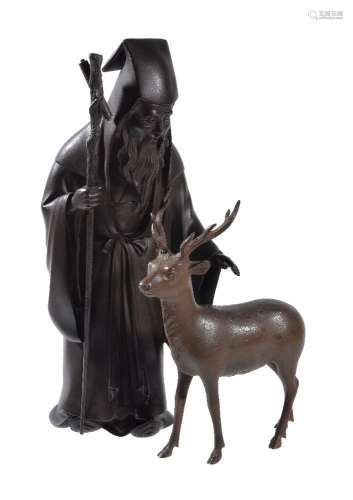 A Japanese Bronze Figure of Jurojin and a Sika Deer