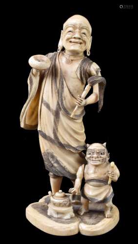 ϒ HOMEI: A Sectional Japanese Ivory Okimono of a Rakkan standing holding his hossu and begging bowl