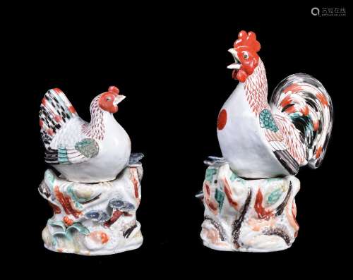 A pair of Japanese Arita models of a Cockerel and a Hen
