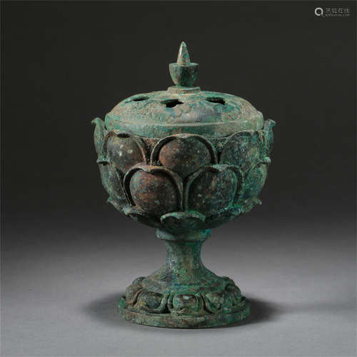 CHINESE BRONZE LIDDED LOTUS INCENSE CAGE