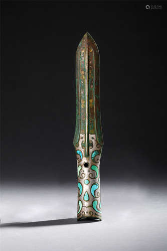 CHINESE TURQUOISE GOLD SILVER INLAID BRONZE SPEAR HEAD WARRING STATES