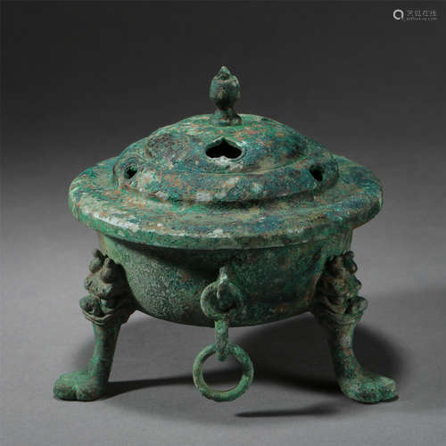 CHINESE BRONZE TRIPLE FEET LIDDED INCENSE CENSER LIAO DYNASTY