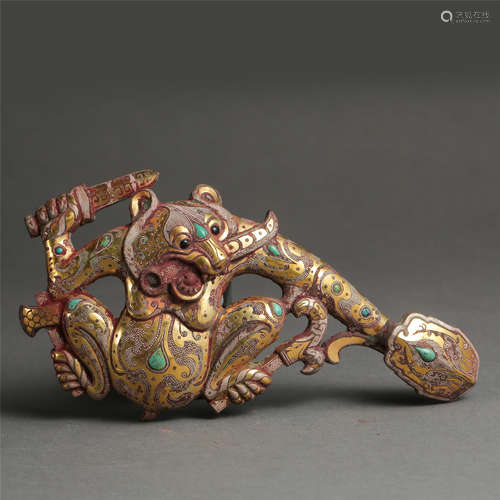 CHINESE TURQUOISE GOLD SILVER INLAID BRONZE BEAR BELT HOOK WARRING STATES PERIOD