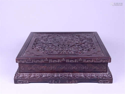 CHINESE HARDWOOD ZITAN CARVED SQUARE BOX WITH BASE