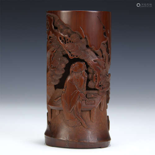 CHINESE BAMBOO CARVED MEN UNDER PINE BRUSH POTTT