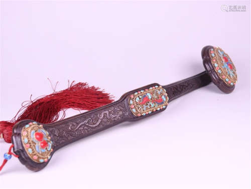 CHINESE GEM STONE INLAID ENAMEL GILT SILVER WEAVEN ZITAN RUYI SCEPTER