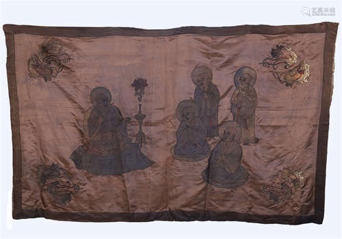 CHINESE EMBROIDERY TAPESTRY OF BUDDHA GATHERING