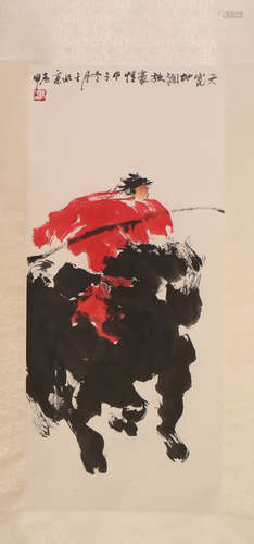 CHINESE SCROLL PAINTING OF MAN ON HORSE