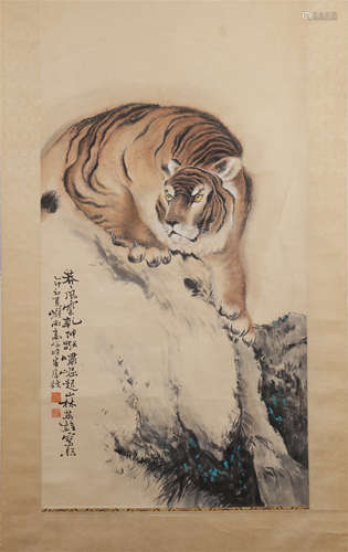 CHINESE SCROLL PAINTING OF TIGER ON ROCK