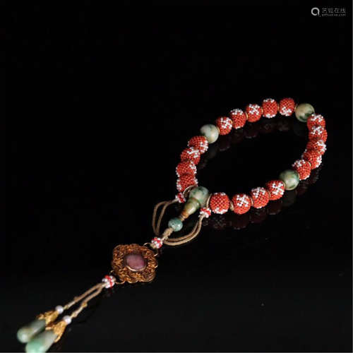 CHINESE CORAL PEARL BEAD BUDDHIST BRACELET