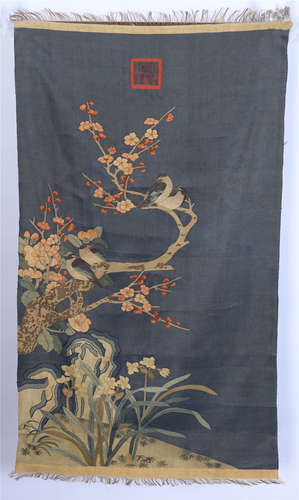 CHINESE EMBROIDERY KESI TAPESTRY OF FLOWER AND ROCK