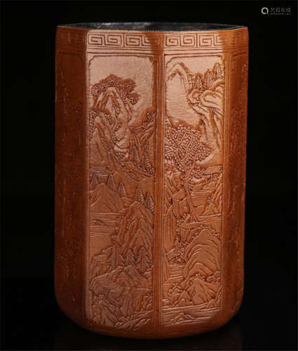 CHINESE MOULDED GOURD OCTAGONAL BRUSH POT