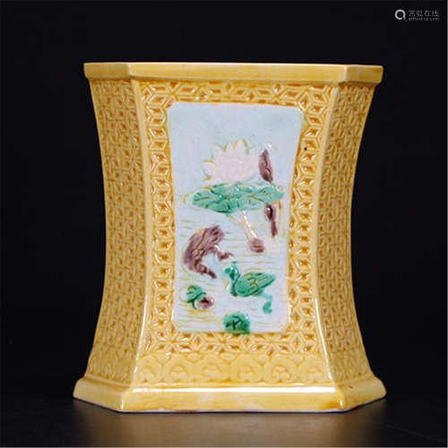 CHINESE PORCELAIN YELLOW GLAZE HEXAGONAL BRUSH POT