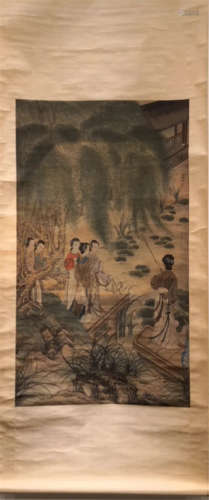 CHINESE SCROLL PAINTING OF BEAUTY IN GARDEN