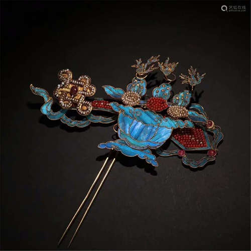 CHINESE GILT SILVER KINGFISHER FEATHER DECRO HAIR PIN