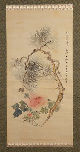 CHINESE SCROLL PAINTING OF FLOWER AND PINE