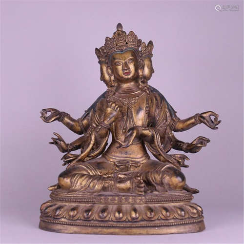 CHINESE GILT BRONZE SEATED SIX ARM GUANYIN