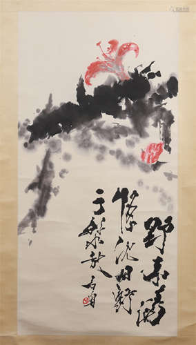 CHINESE SCROLL PAINTING OF FLOWER WITH CALLIGRAPHY