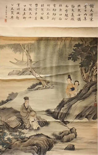 CHINESE SCROLL PAINTING OF PEOPLE IN MOUNTAIN WITH CALLIGRAPHY