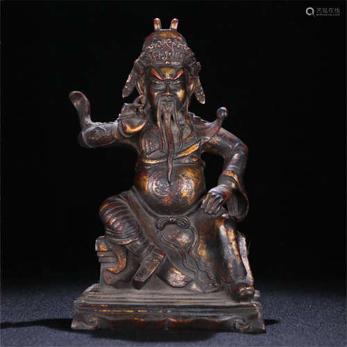 CHINESE LACQUER BRONZE SEATED WARRIOR