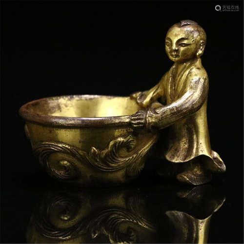 CHINESE GILT BRONZE BOY WITH BOWL