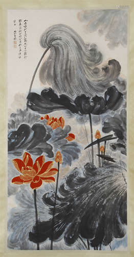 CHINESE SCROLL PAINTING OF LOTUS