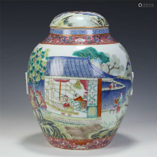 CHINESE PORCELAIN FAMILLE ROSE FIGURES LIDDED JAR