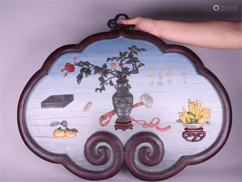 CHINESE GEM STONE INLAID LACQUER CLOUD  SHAPED WALL PLAQUE