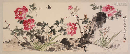 CHINESE SCROLL PAINTING OF DRAGONFLY AND FLOWER