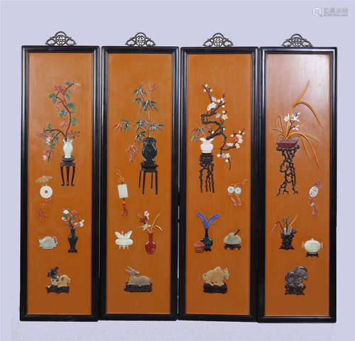 FOUR PANELS OF CHINESE GEM STONE INLAID LACQUER WALL PLAQUES