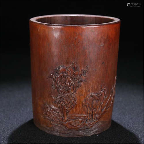 CHINESE BAMBOO CARVED FISHER BRUSH POT