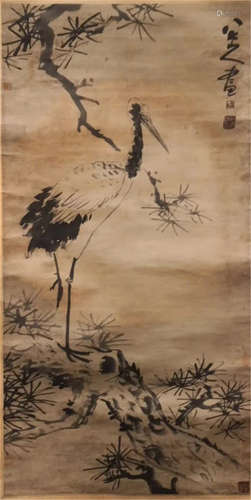 CHINESE SCROLL PAINTING OF CRANE AND PINE