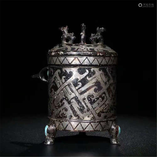 CHINESE SILVER TURQUOISE INLAID BRONZE CYLINDERIAL CENSER