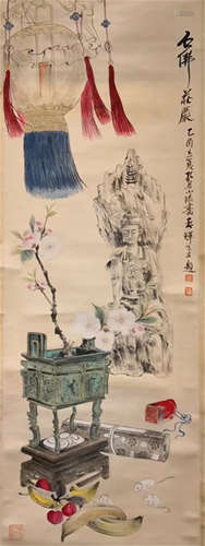 CHINESE SCROLL PAINTING OF FLOWER IN DING AND STONE BUDDHA