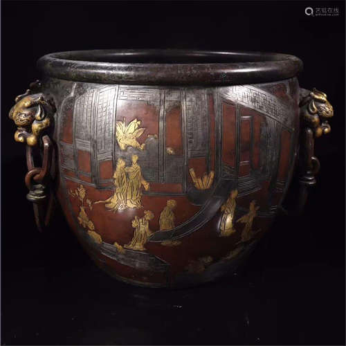 CHINESE GOLD SILVER INLAID BRONZE ROUND CENSER