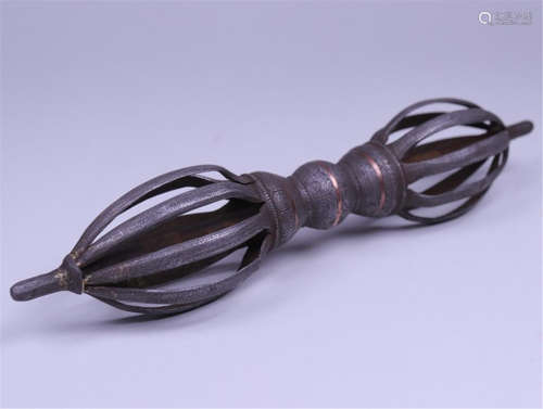 TIBETAN BRONZE INLAID METEORIC IRON VAJRY PESTLE