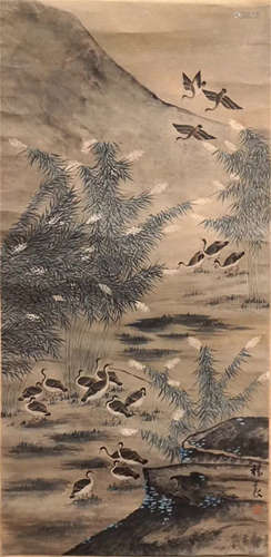 CHINESE SCROLL PAINTING OF GEESE AND BAMBOO