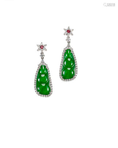 A Pair of Jadeite 'Peapod', Ruby and Diamond Pendent Earrings