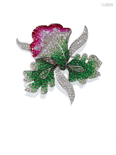 A Gem-Set and Diamond 'Floral' Brooch