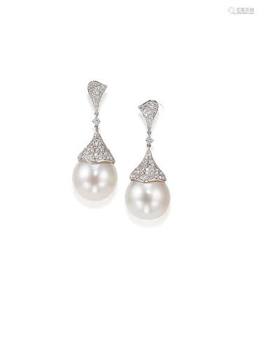 A Pair of Cultured Pearl and Diamond Pendent Earrings