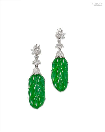 A Pair of Jadeite and Diamond 'Foliate' Earrings