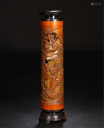 CHINESE BAMBOO CARVED FIGURES INCENSE CAGE