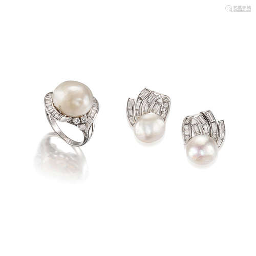 (2) A Natural Pearl and Diamond Ring and Earring Suite, Circa 1965